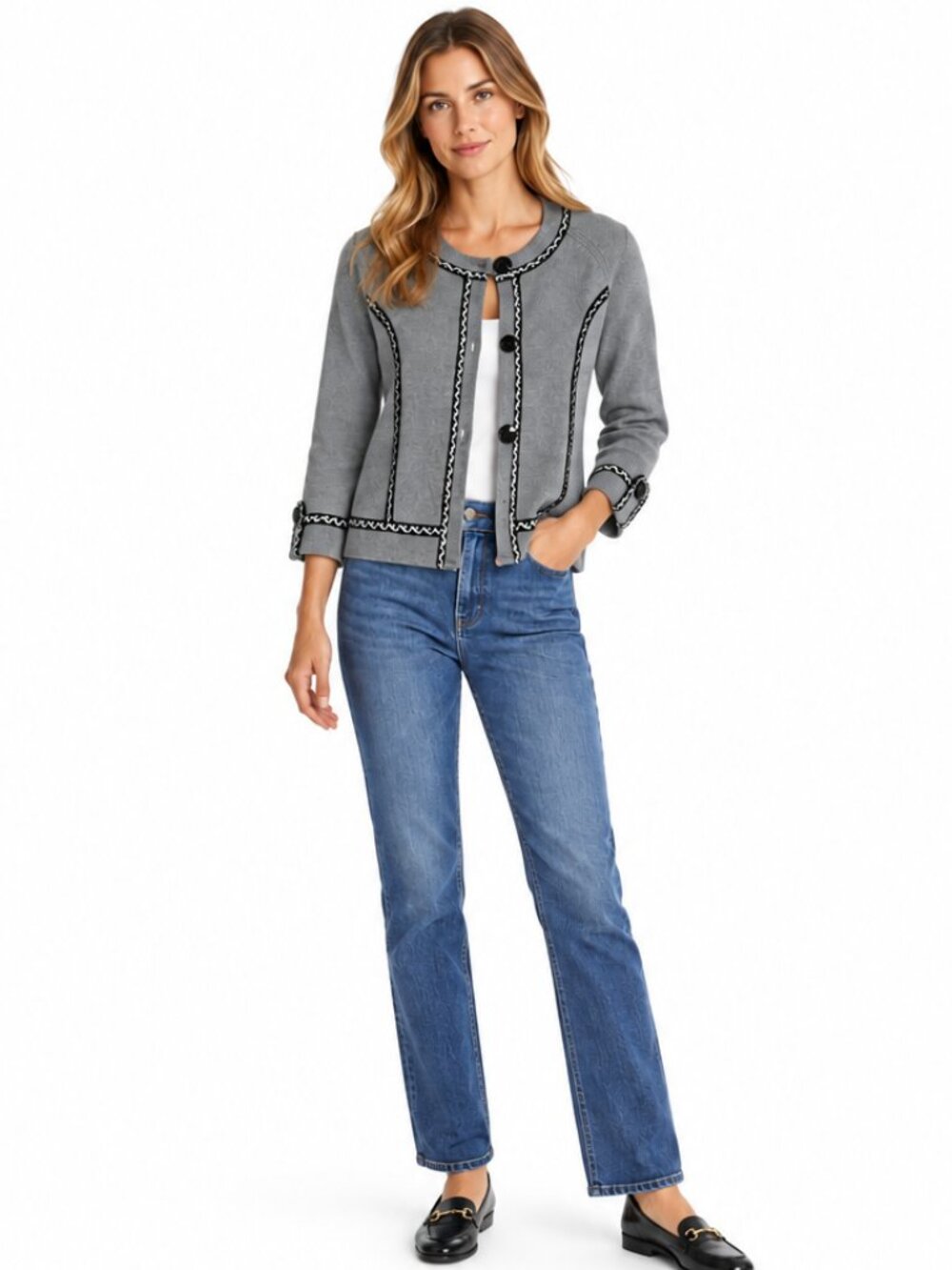 Coldwater Creek Ramie Cotton Knit Cardigan Gray Contrast Trim Button Front